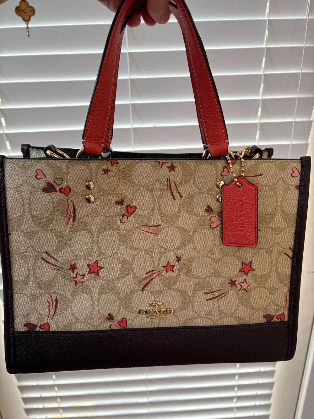 Coach Dempsey 29 Beige Signature Canvas Tote with Red Trim and Charms